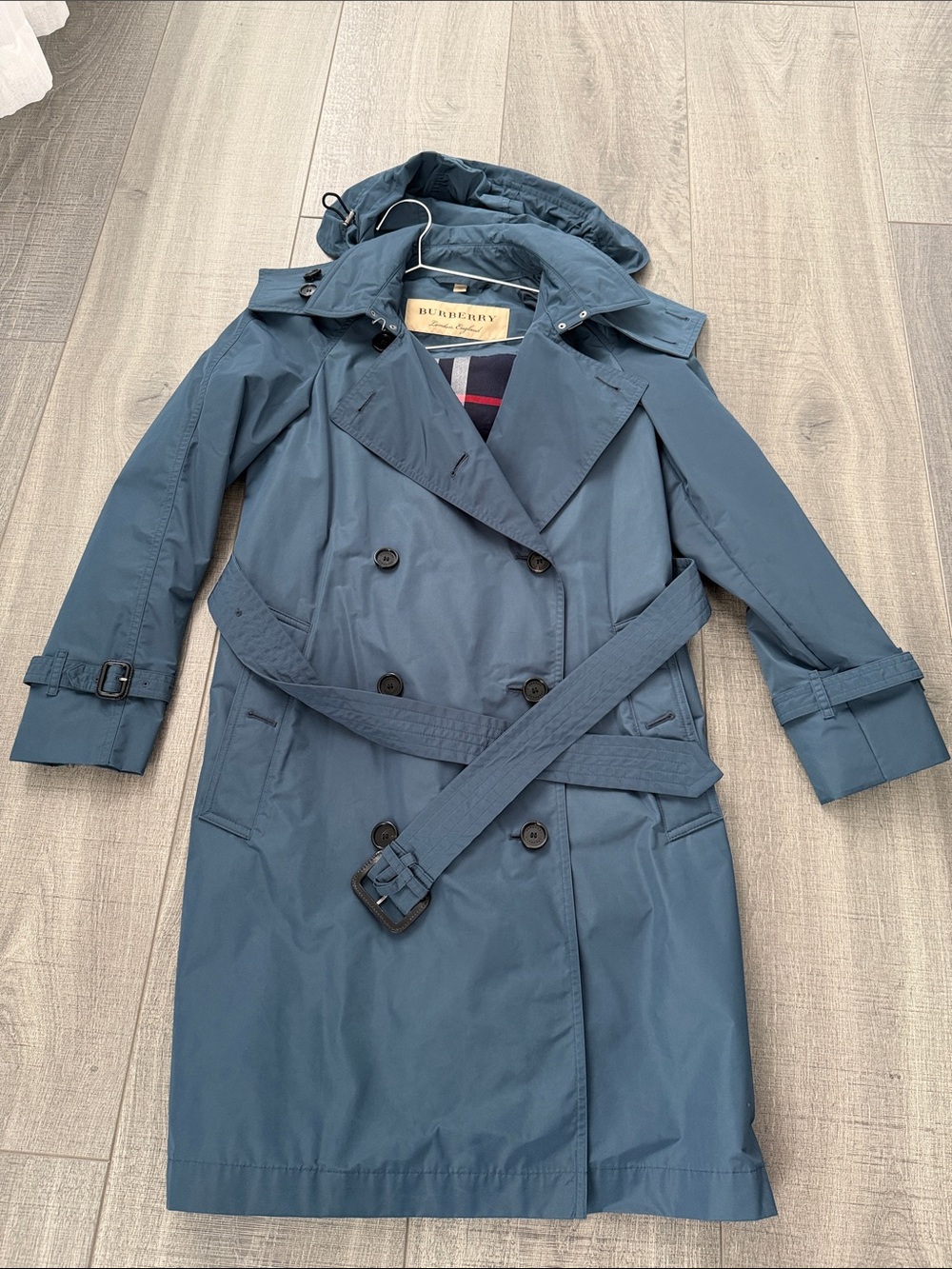 Burberry Blue Double-Breasted Trench Coat with Belt